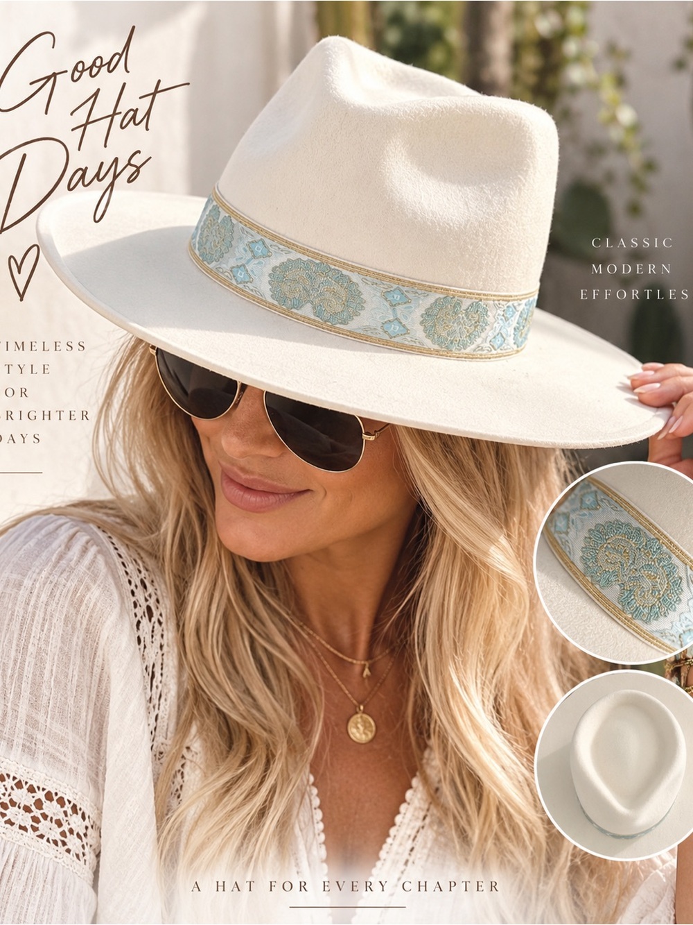 Lack of Color Ivory Wide Brim Fedora – Blue & Gold Band – NWT – M